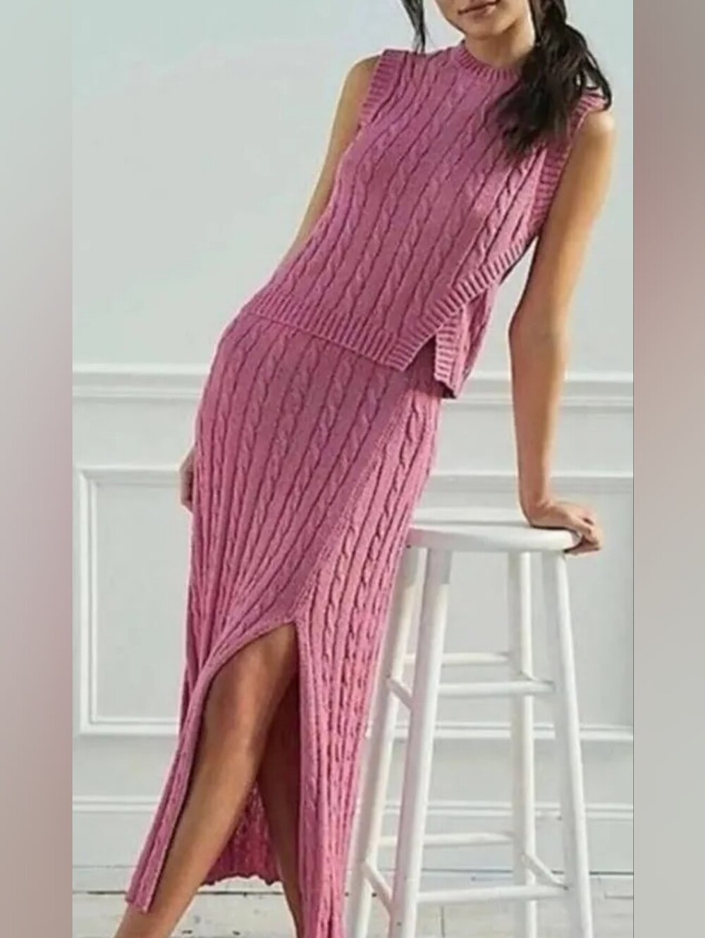 Anthropoligie Current Air Pink Cable Knit Midi Top And Skirt Set